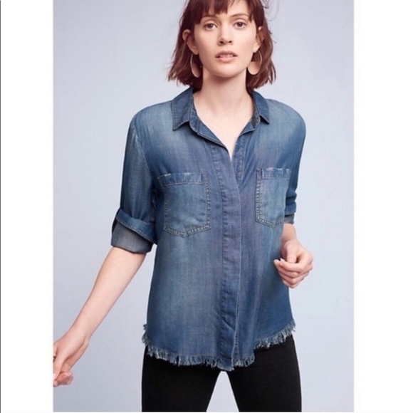 cloth & stone Chambray Raw Hem Button Shirt Blue S - Picture 1 of 11